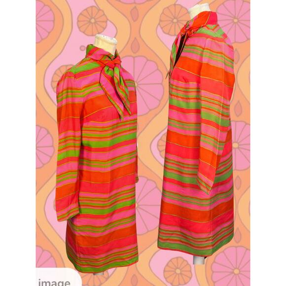 Vintage 60s Mod Striped Scarf Neckline Neon Color Silk Shift Dress Size L - Picture 2 of 6